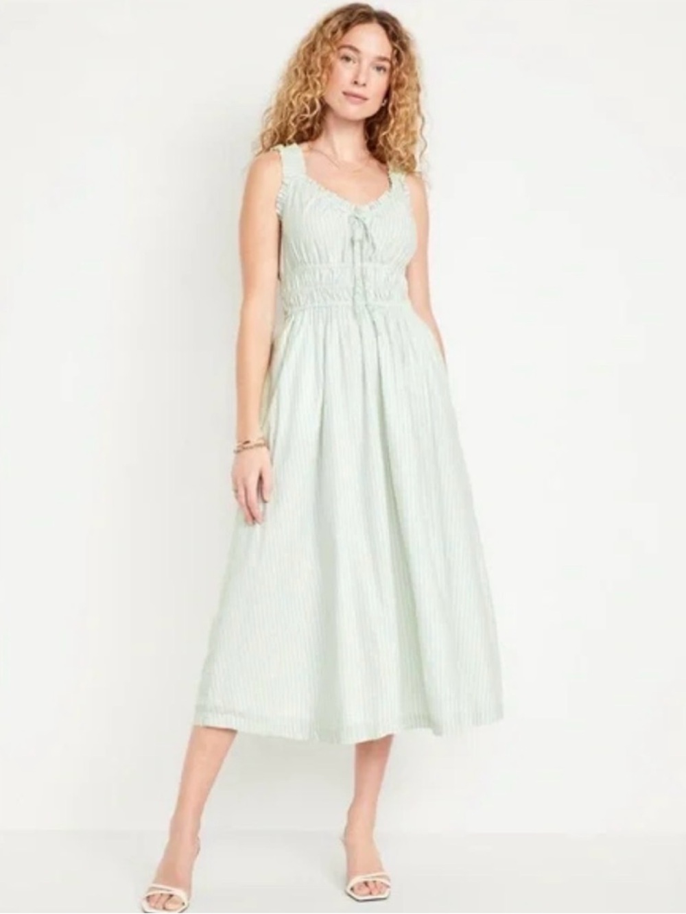 Old Navy Light Mint Striped Tie-Front Midi Dress